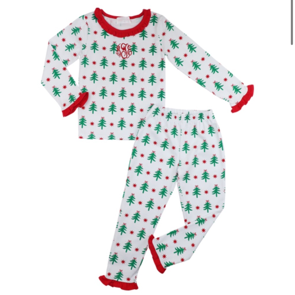 Cecil & Lou - Red And Green Knit Christmas Tree Ruffle Pajamas - “M” Monogram